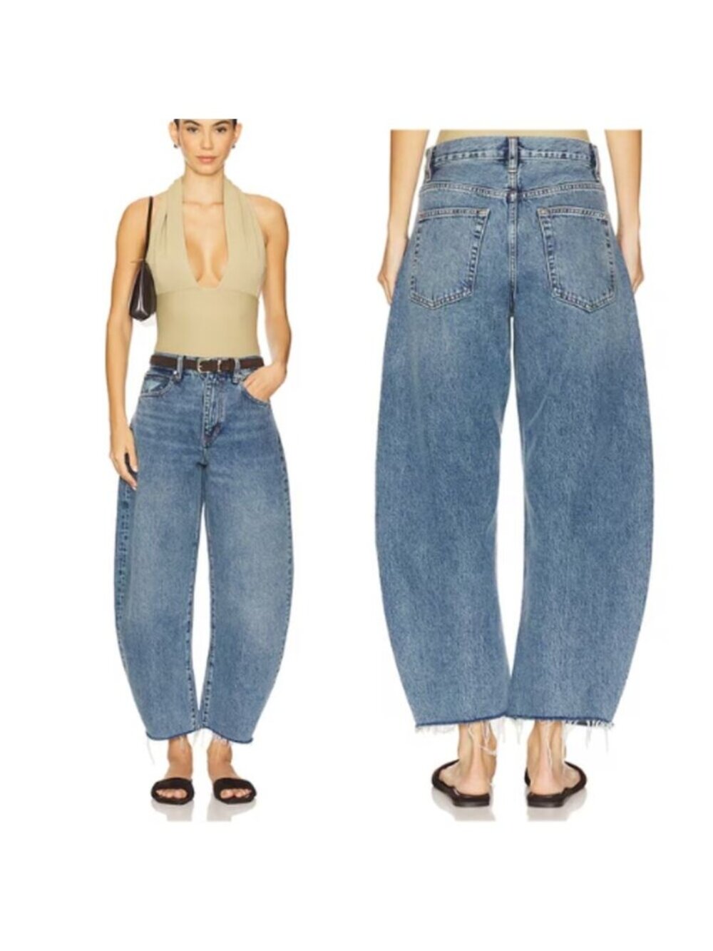 NEW Frame The Bubble Crop High Rise Barrel Leg Cropped Denim Jeans Blue Size: 27